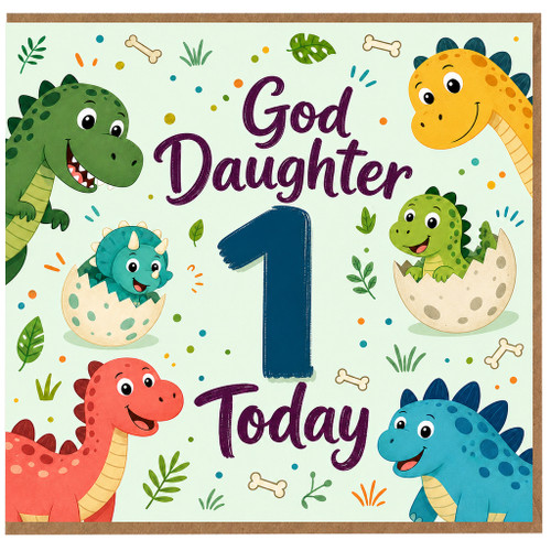 1st Birthday Card for God Daughter, Cute Dinosaur Birthday Card