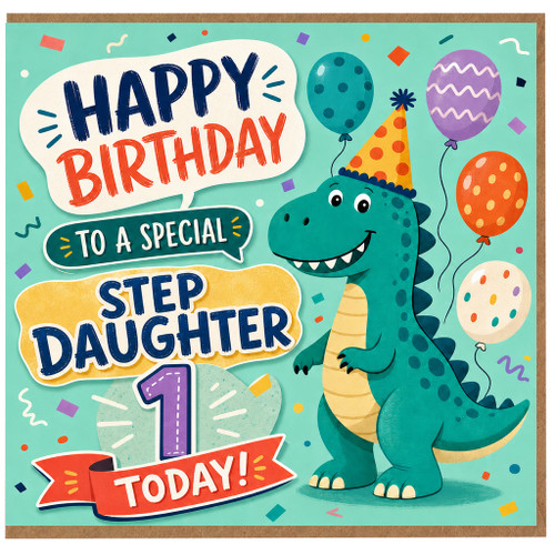 Step Daughter 1st Birthday Card, Happy Birthday to a Special Step Daughter 1 Today, Cute Dinosaur Birthday Card