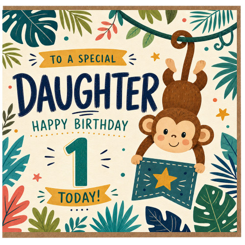 1st Birthday Card for Daughter, Special Daughter Happy Birthday Card, Cute Monkey Birthday Card