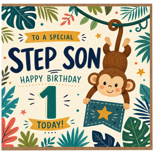 Step Son 1st Birthday Card, Tropical Monkey Birthday Card