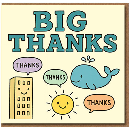 Big Thanks Thank You Card - Cute Whale, Sun and Speech Bubbles Cartoon - Fun Thank You Card for Friend, Colleague or Teacher - Blank Inside