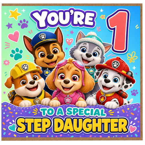 1st Birthday Step Daughter Card, Cute Puppy Character Birthday Card