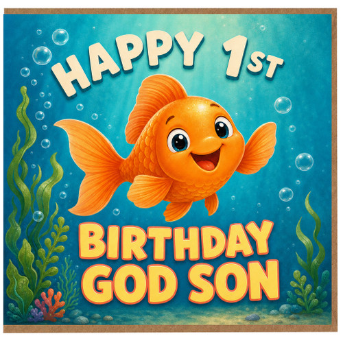 God Son 1st Birthday Card, Cute Goldfish Birthday Card