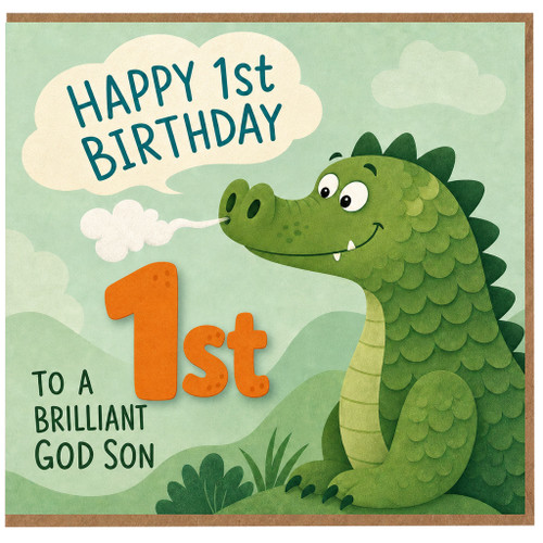 God Son 1st Birthday Card, Cute Dinosaur Birthday Card