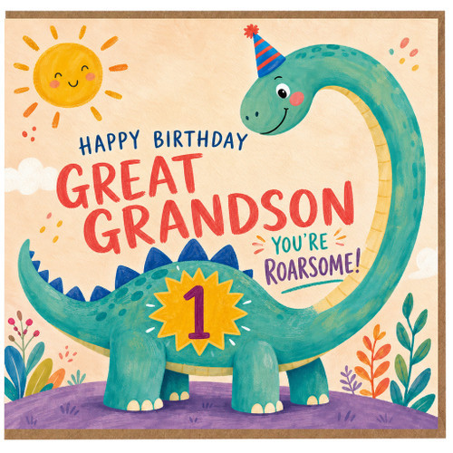 1st Birthday Card for Great Grandson, Cute Dinosaur Roarsome Birthday Card