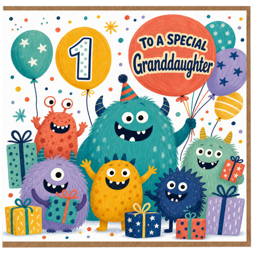 1st Birthday Card for Granddaughter, Cute Monster Balloons and Gifts Design