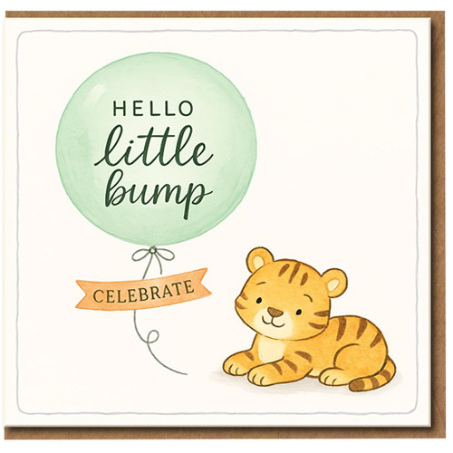 Hello Little Bump Pregnancy Congratulations Greeting Card - Cute Tiger and Balloon - New Baby Card for Mum-to-Be or Parents-to-Be