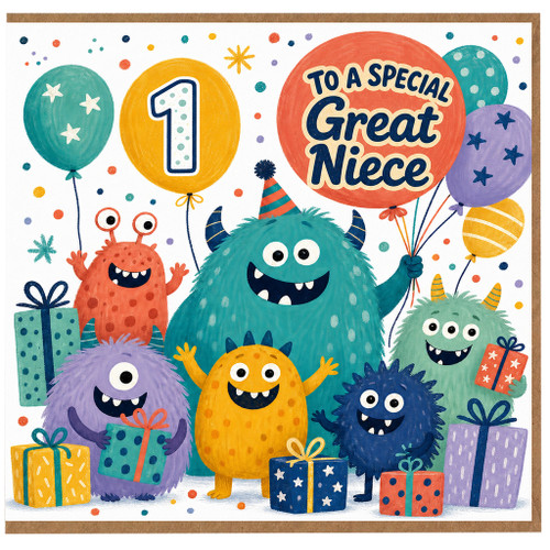 1st Birthday Card for Great Niece, To a Special Great Niece Cute Monster Party Design