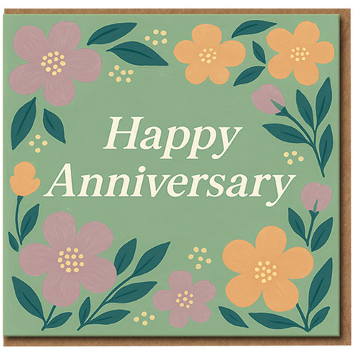 Happy Anniversary Card - Pastel Floral Botanical Design on Green - Elegant Greeting Card for Couple, Husband, Wife or Partner