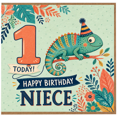 Niece 1st Birthday Card, Cute Dinosaur Chameleon Happy Birthday Design