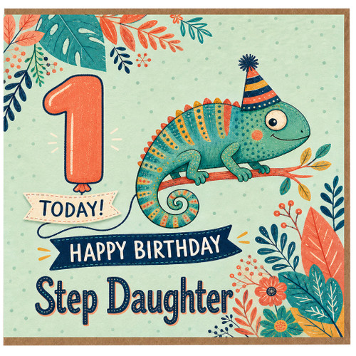 Step Daughter 1st Birthday Card, Cute Dinosaur Happy Birthday Card