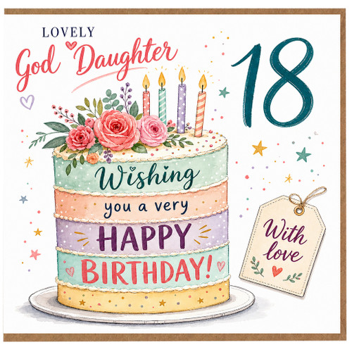 18th Birthday Card for God Daughter, Lovely Goddaughter Birthday Card with Floral Cake Design