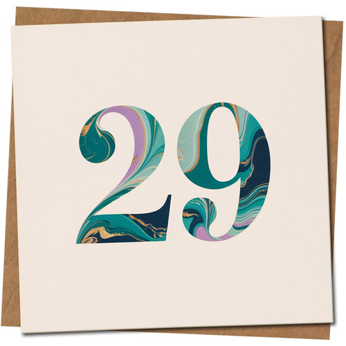 29th Birthday Card, Marble Number 29 Design, 145mm x 145mm Square, Elegant Minimal, For Him or Her, Kraft, Includes Kraft Envelope