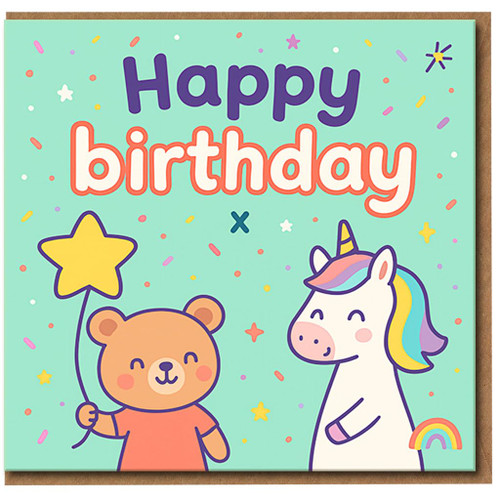 Cute Bear and Unicorn Birthday Card for Kids - Happy Birthday Rainbow Confetti Design - Fun Children's Greeting - For Boys or Girls