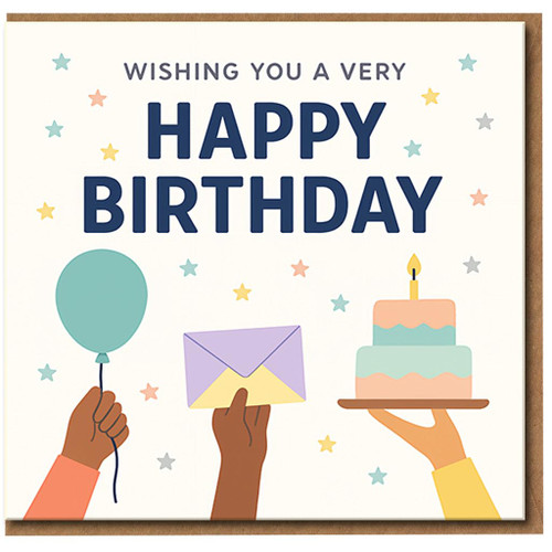 Happy Birthday Card - Wishing You a Very Happy Birthday, Stars Balloon and Cake Design - Cute Colourful Greeting Card for Adults or Kids