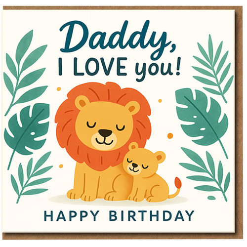 Daddy I Love You Lion Birthday Card for Dad - Cute Safari Lion and Cub, From Son or Daughter, Happy Birthday Card with Sweet Message