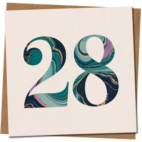 28th Birthday Card - Marble Number Design - 145mm x 145mm Square - Kraft, Includes Kraft Envelope