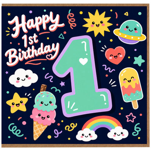 na 1st Birthday Card, Cute Happy 1st Birthday Card with Rainbow and Space Theme