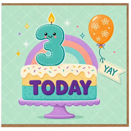 3rd Birthday Card, Cute Cake and Rainbow YAY Today Card