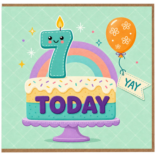 na 7th Birthday Card, Today Cake and Balloon Design
