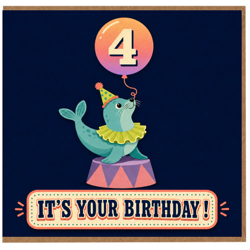 4th Birthday Card, Cute Seal Balloon Birthday Card
