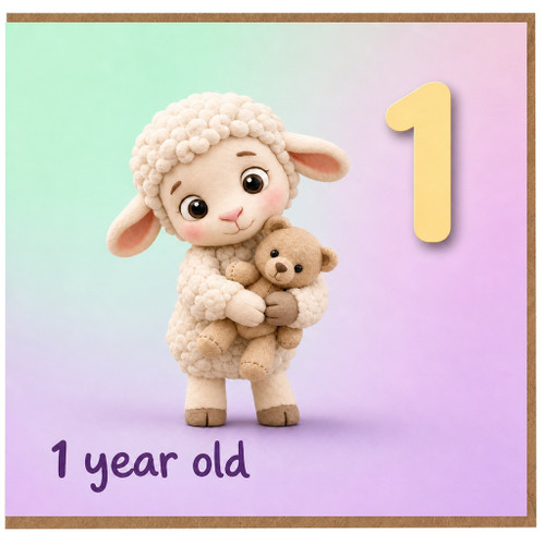 1st Birthday Card, Cute Lamb Holding Teddy Bear, 1 Year Old Card