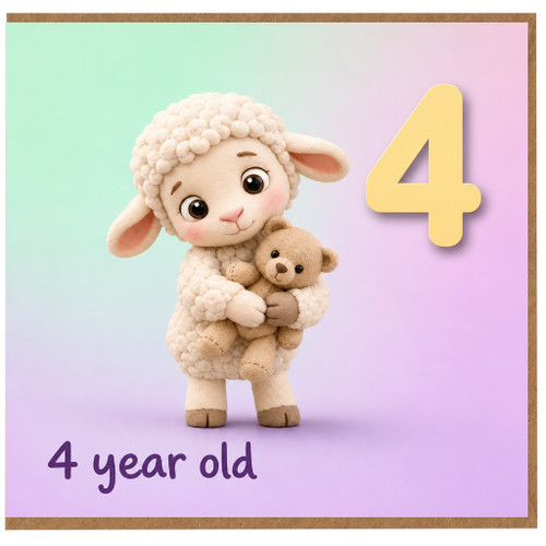 4th Birthday Card, for 4 Year Old - Cute Lamb Holding Teddy