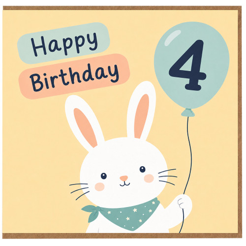 4th Birthday Card, Cute Bunny Balloon Card