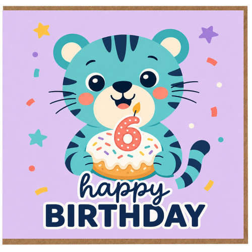 na 6th Birthday Card, Cute Tiger Cupcake Design