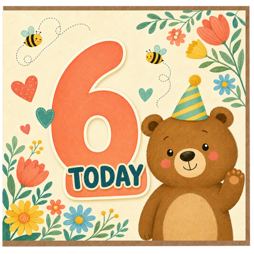 6th Birthday Card, Cute Bear Party Design