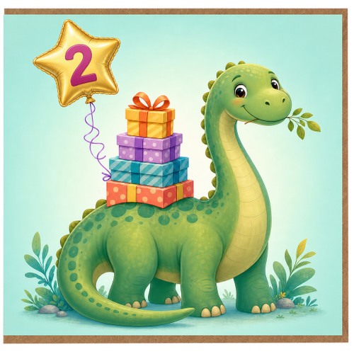 2nd Birthday Card, Cute Dinosaur with Presents