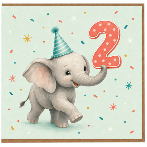 2nd Birthday Card, Cute Elephant Party Card