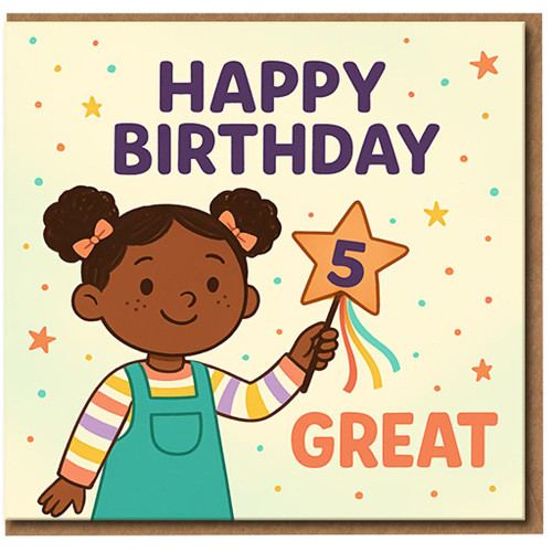 Age 5 Birthday Card for Girl - Cute Happy Birthday Design with Star Wand - Children's 5th Card for Daughter, Granddaughter or Niece
