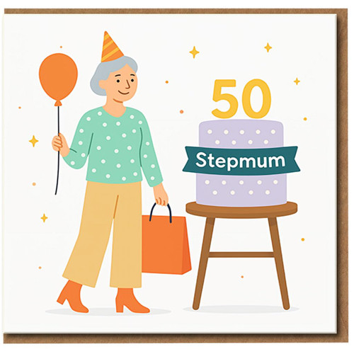 Stepmum 50th Birthday Card - Cute Cake and Balloon Illustration - Milestone 50 Card for Step Mum