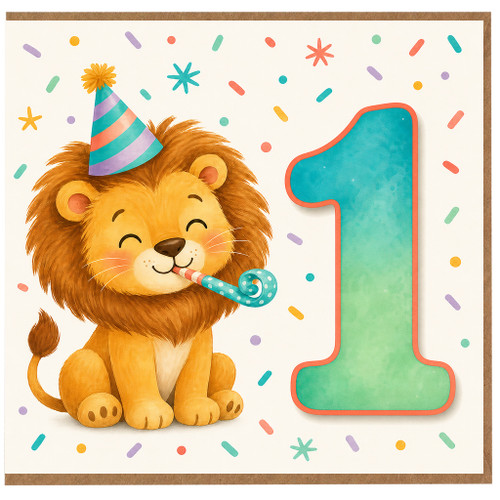 1st Birthday Card, Cute Lion Party Design