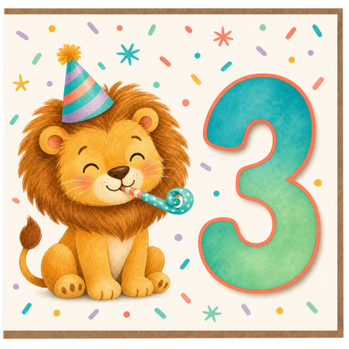 na 3rd Birthday Card, Cute Lion Party Card