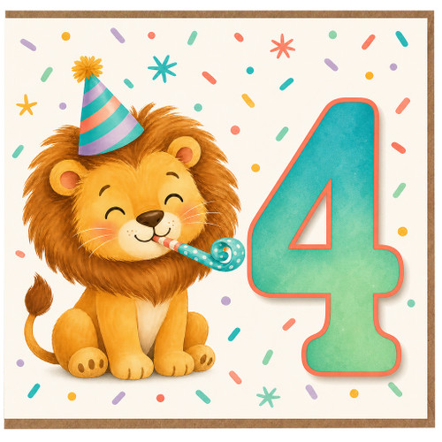 4th Birthday Card, Cute Lion Party Card