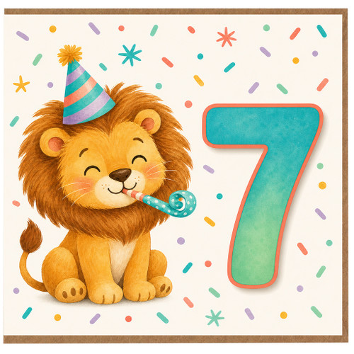 7th Birthday Card, Cute Lion Party Design