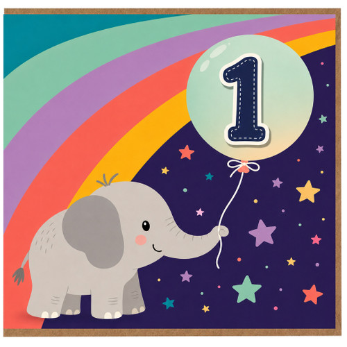 1st Birthday Card, Cute Elephant Rainbow Balloon Design