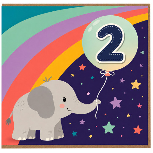 2nd Birthday Card, Cute Elephant and Rainbow Balloon Card