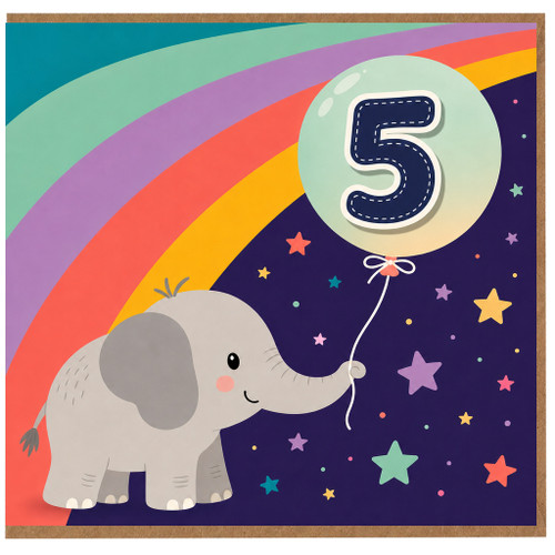 5th Birthday Card, Cute Elephant Rainbow Card