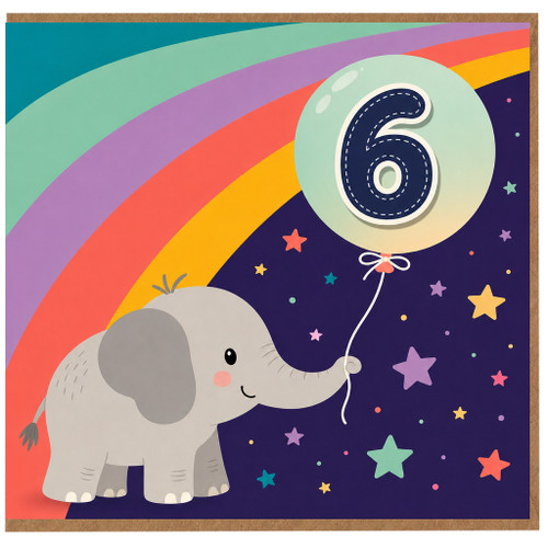 6th Birthday Card, Cute Elephant Rainbow Balloon