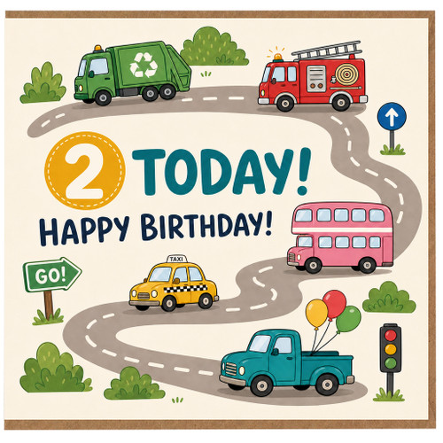 2nd Birthday Card, Transport Vehicles Happy Birthday Card