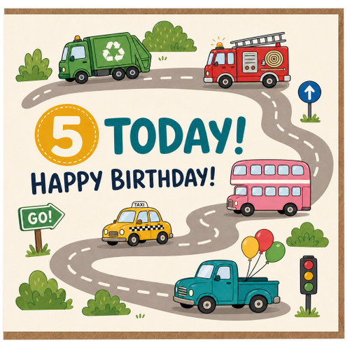 5th Birthday Card, Vehicles Happy Birthday Card