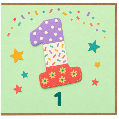 1st Birthday Card, Cute Number 1 Confetti and Stars Design