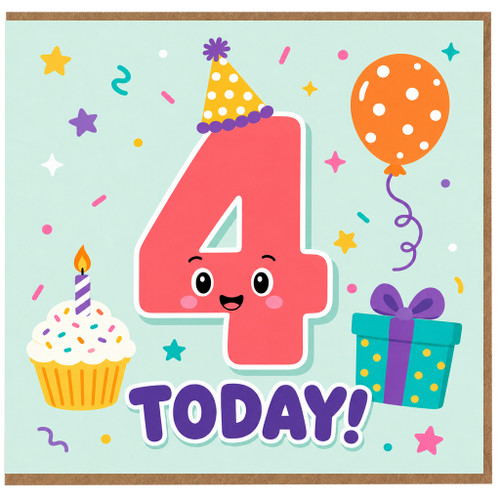na 4th Birthday Card, Cute Number 4 Party Card
