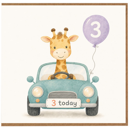 na 3rd Birthday Card, Cute Giraffe Driving Car