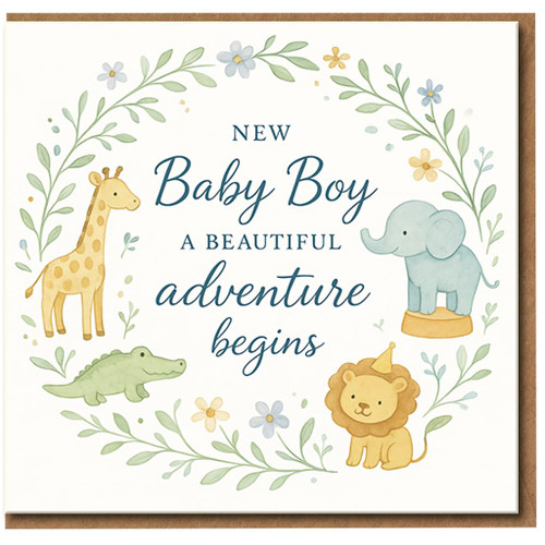 New Baby Boy Card - A Beautiful Adventure Begins - Cute Safari Animals (Giraffe, Elephant, Lion) Congratulations Card for New Parents