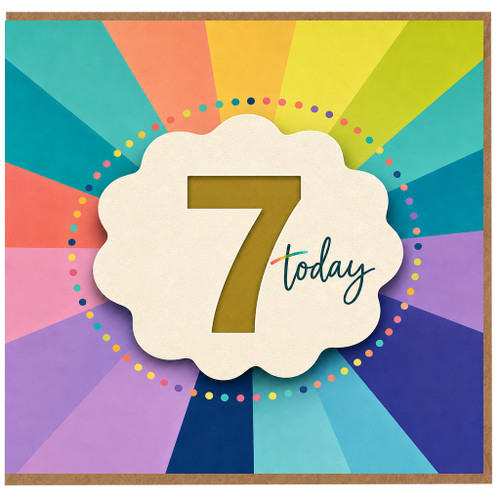 7th Birthday Card, Colourful Rainbow Sunburst Design