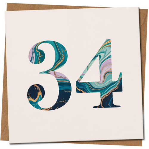 34th Birthday Card - Marble Number Design, 145mm x 145mm Square, Includes Kraft Envelope